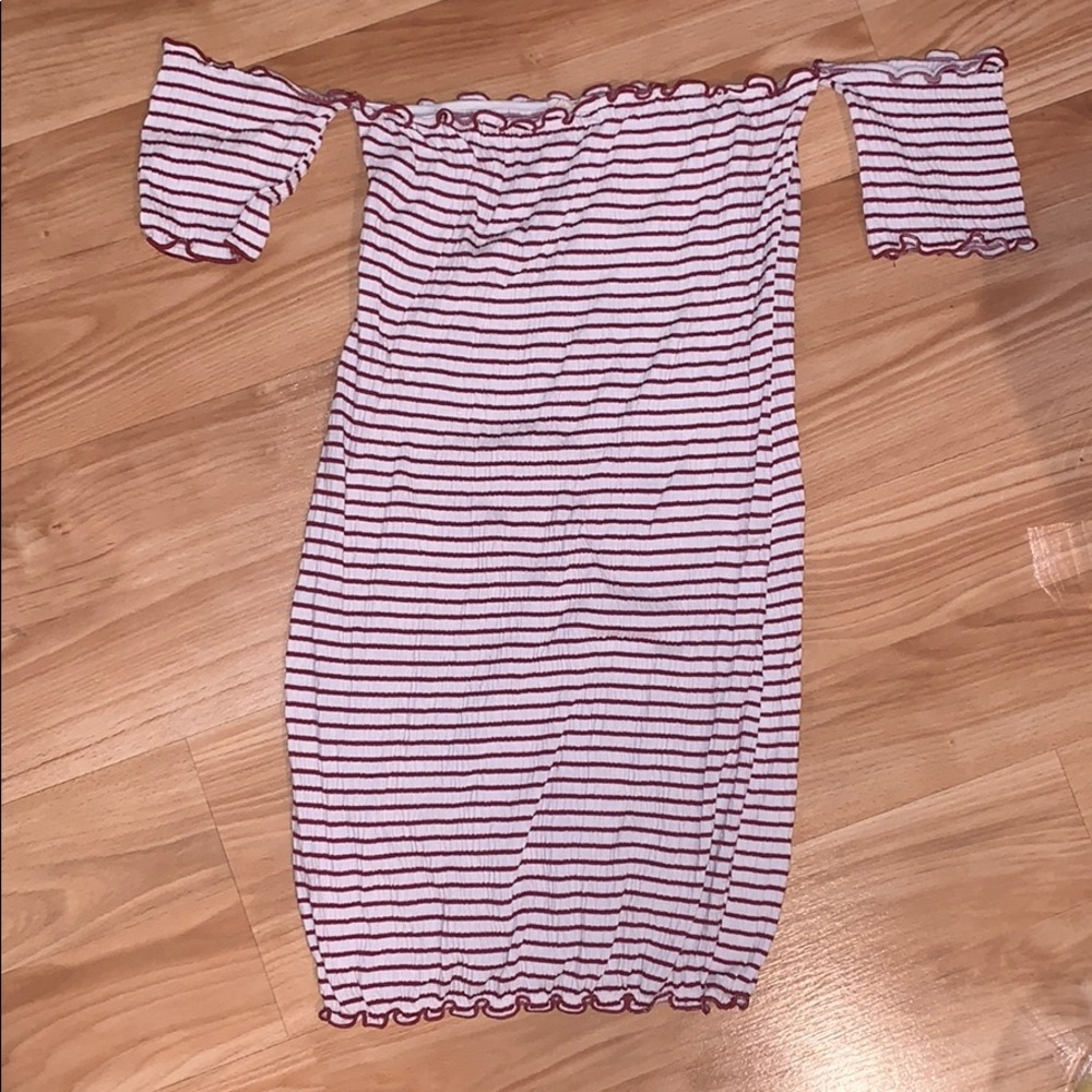 striped off the shoulder mini stretch dress